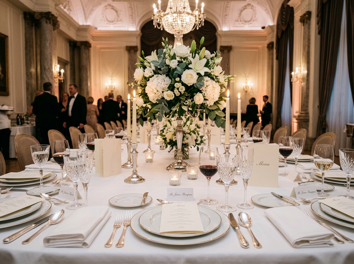 Banquete de gala con vajilla de porcelana, copas de cristal y cubiertos finos para bodas en San Juan