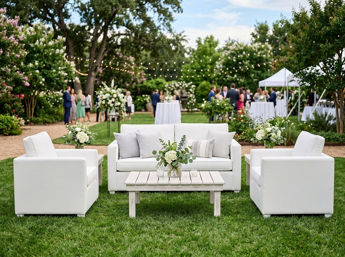 Juego de living nórdico lounge con sillones blancos y mesa ratona para recepciones
