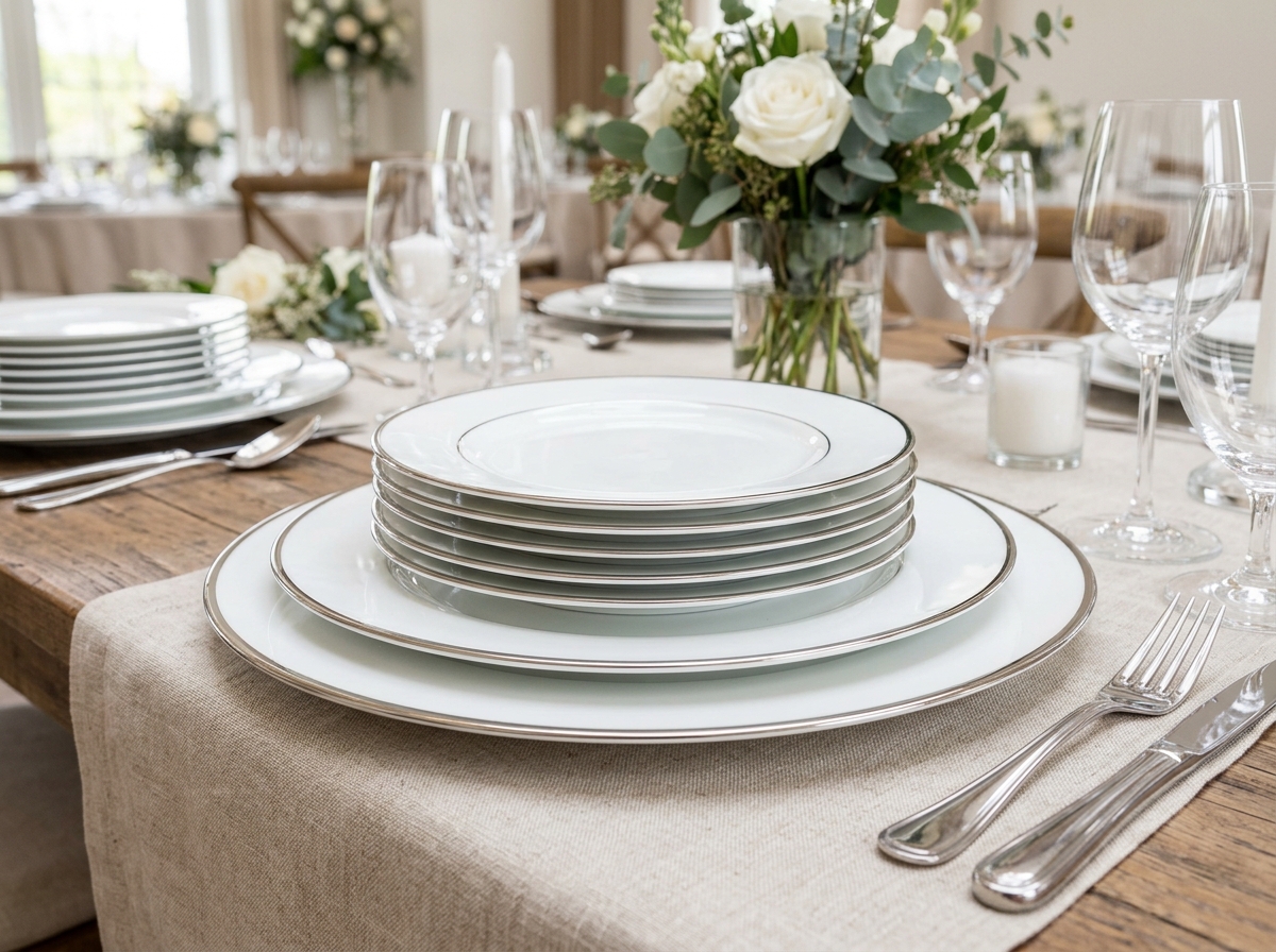 Platos playos de porcelana blanca con ribete dorado para servicio de banquete